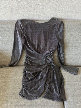 Metallic Silver Ruched Long-Sleeve Mini Dress